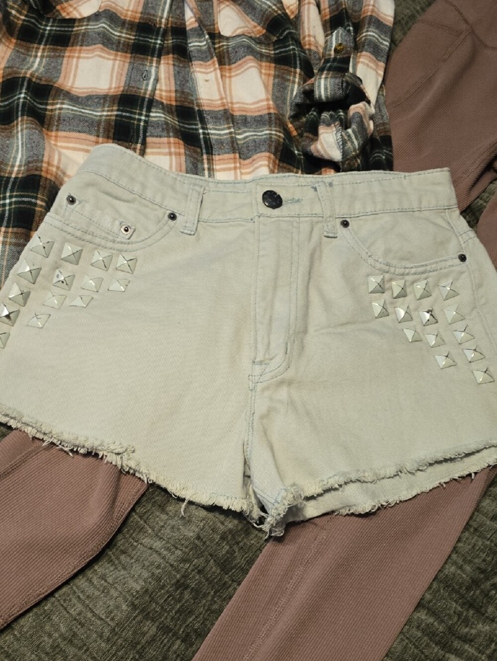 BDG Light Gray Studded Denim Shorts